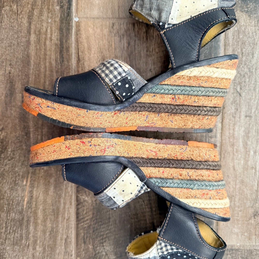 Art Vintage Women's Patchwork Gingham Dot Black Leather Jute Wedge Sandals,39 - Picture 11 of 12